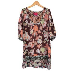 Johnny Was Floral Blouse Top Tunic Small Silk Short Sleeve Long Shirt Fall Color